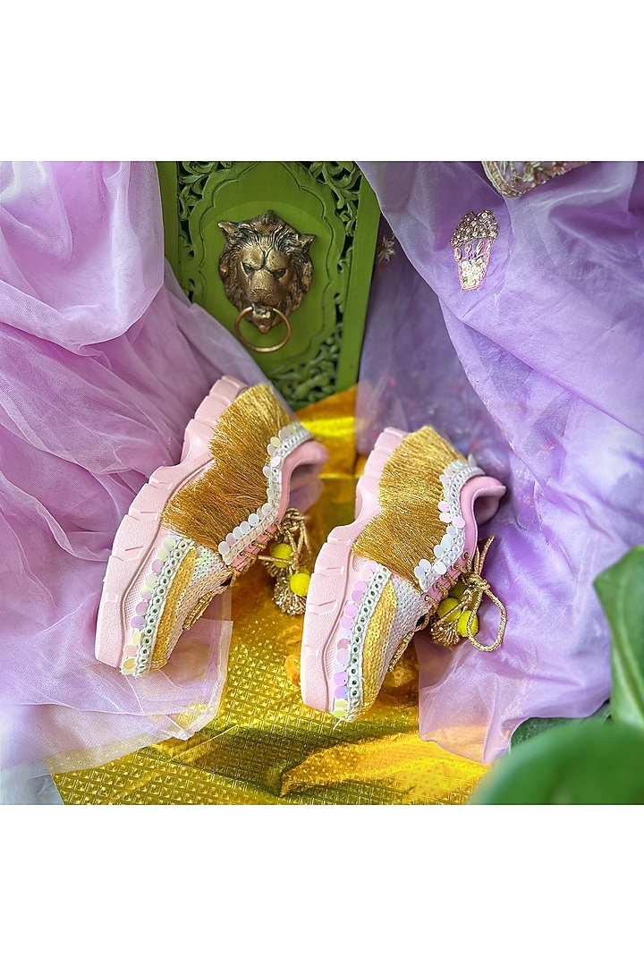 Pink Vegan Leather Fringe & Sequins Work Sneakers by Chal Jooti at Pernia's Pop Up Shop