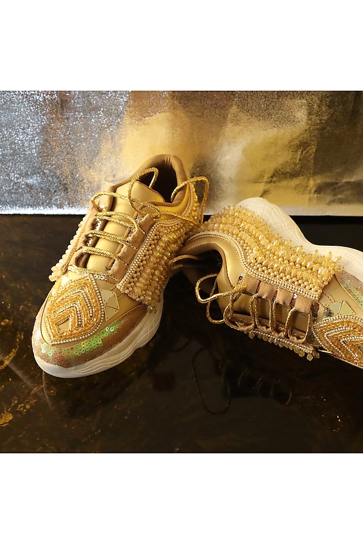 Gold Vegan Leather Sequins & Crystal Embroidered Sneakers by Chal Jooti at Pernia's Pop Up Shop