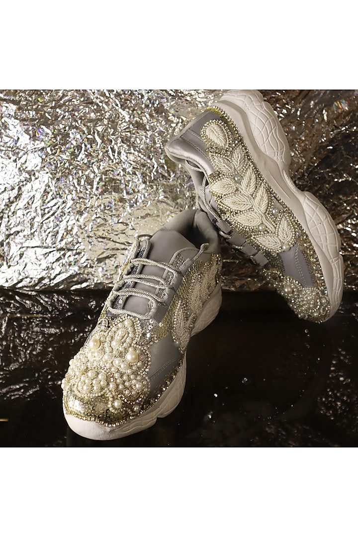 Silver Vegan Leather Pearl Embellished Sneakers by Chal Jooti at Pernia's Pop Up Shop