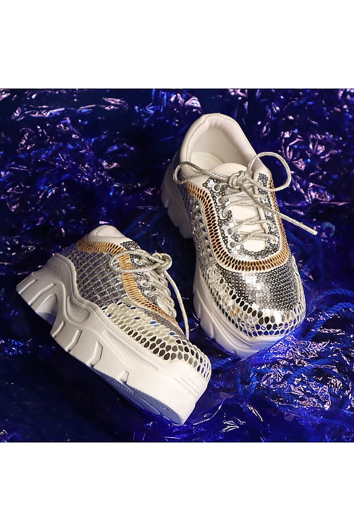 Silver Vegan Leather Mirror Embellished Sneakers by Chal Jooti at Pernia's Pop Up Shop