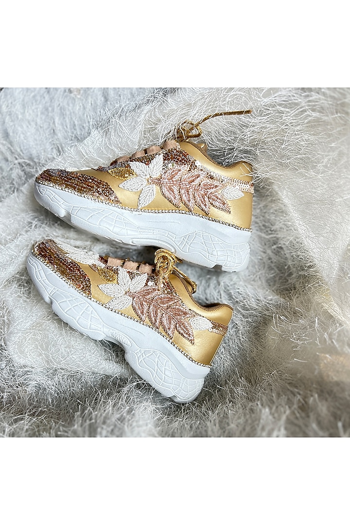 Gold Vegan Leather Pearl Embroidered Sneakers by Chal Jooti at Pernia's Pop  Up Shop