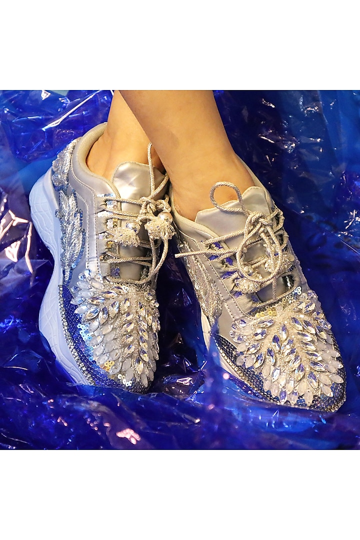 Silver Vegan Leather Sequins & Crystal Work Sneakers by Chal Jooti