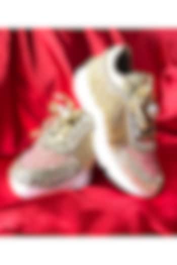 Beige Synthetic Leather Embellished Sneakers by Chal Jooti at Pernia's Pop Up Shop