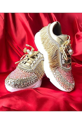 Beige Synthetic Leather Embellished Sneakers by Chal Jooti