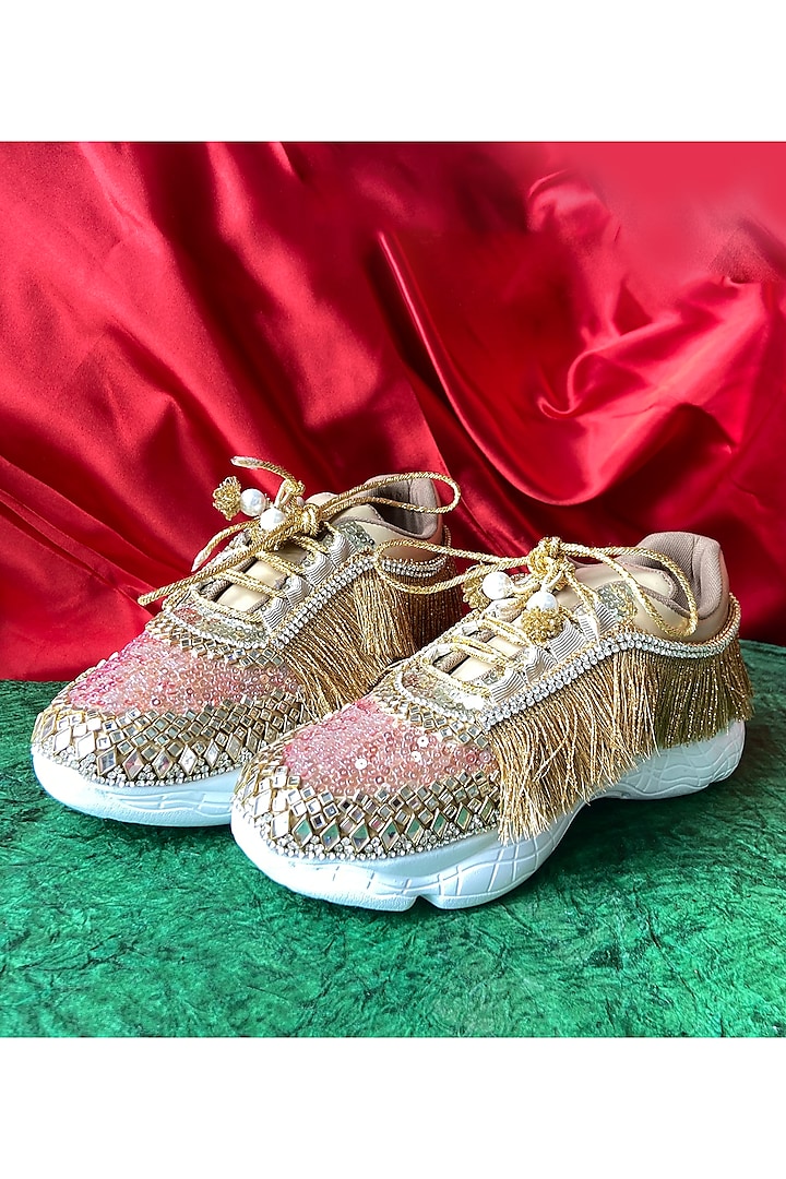 Beige Synthetic Leather Embellished Sneakers by Chal Jooti at Pernia's Pop Up Shop