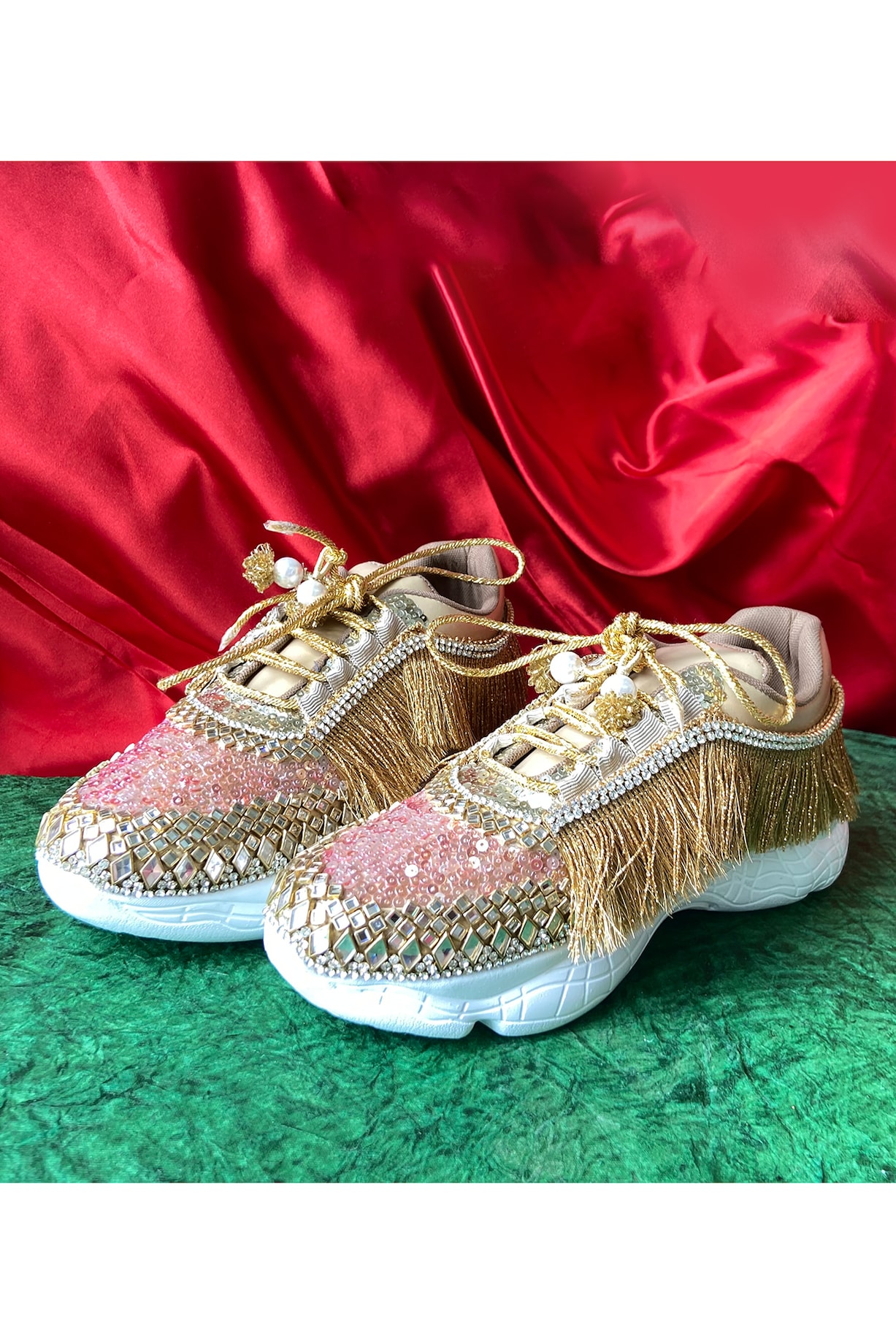 Beige Synthetic Leather Embellished Sneakers by Chal Jooti at