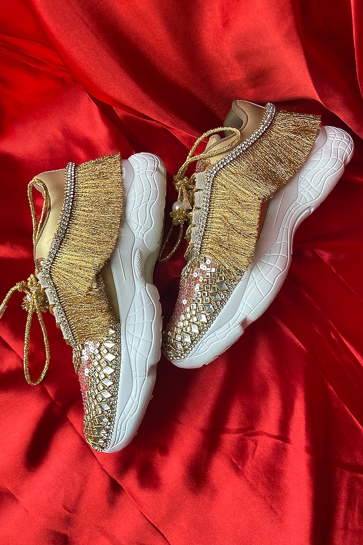 Beige Synthetic Leather Embellished Sneakers by Chal Jooti at Pernia's Pop Up Shop