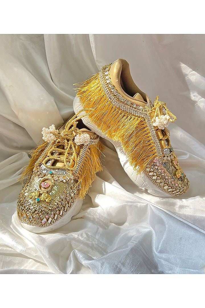 Gold Synthetic Leather Embellished Sneakers by Chal Jooti at Pernia's Pop Up Shop