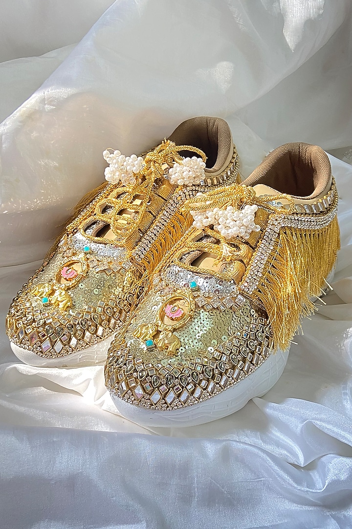 Gold Synthetic Leather Embellished Sneakers by Chal Jooti at Pernia's Pop Up Shop