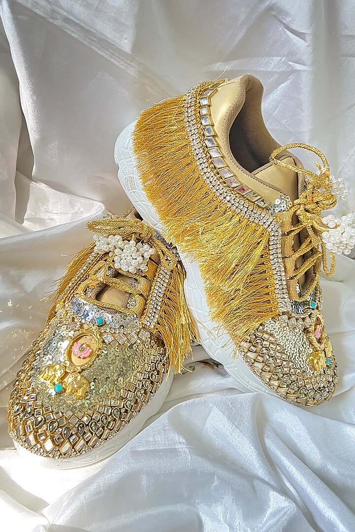 Gold Synthetic Leather Embellished Sneakers by Chal Jooti at Pernia's Pop Up Shop
