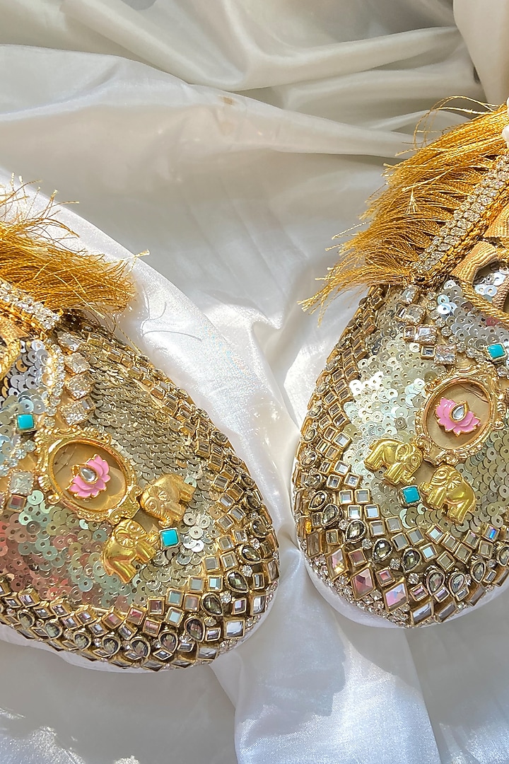 Gold Synthetic Leather Embellished Sneakers by Chal Jooti at Pernia's Pop Up Shop