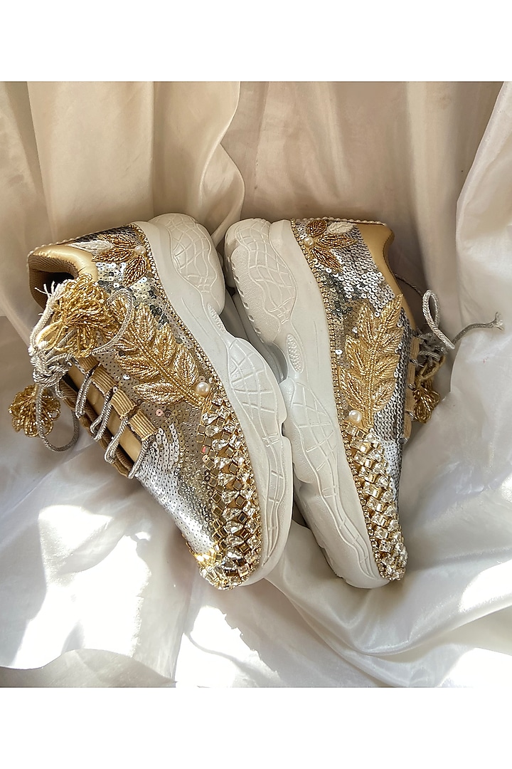 Gold Synthetic Leather Sneakers by Chal Jooti