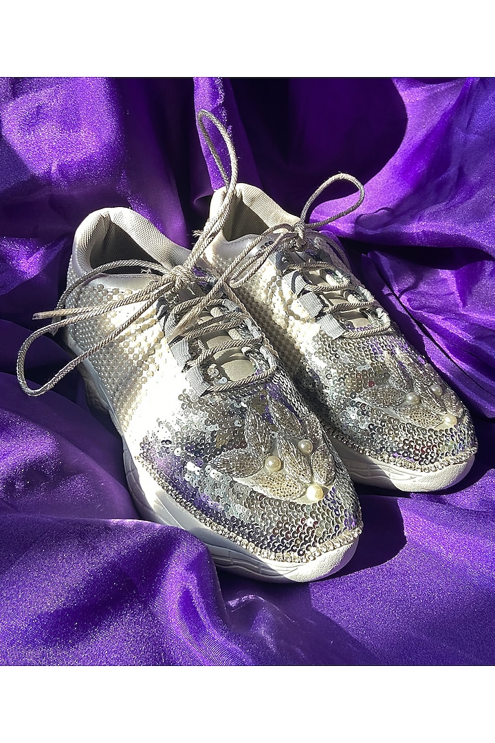 Silver Synthetic Leather Embellished Sneakers by Chal Jooti