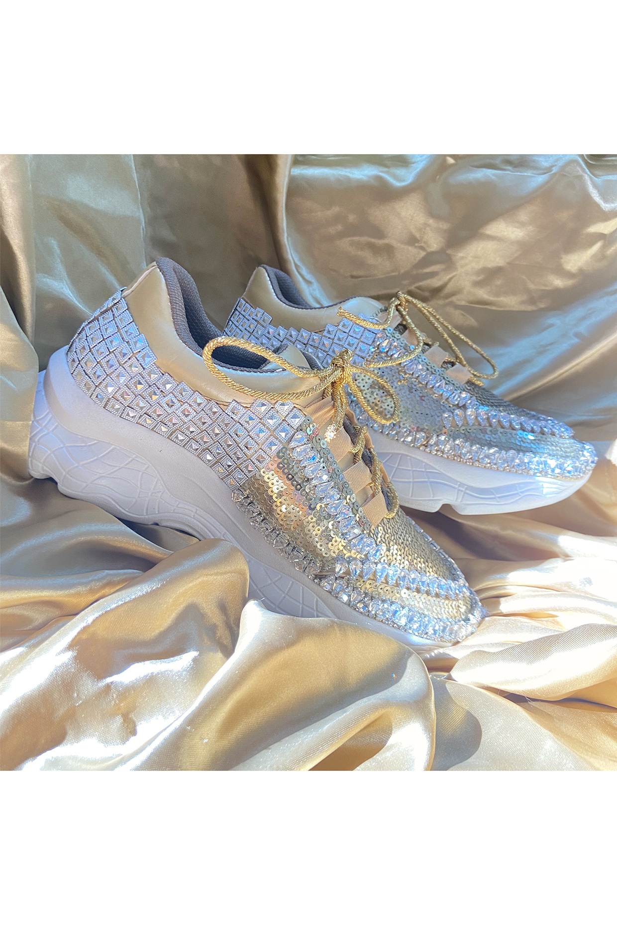 Golden and store white shoes