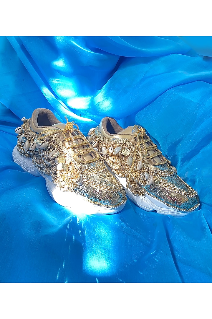 Gold & White Synthetic Leather Sneakers by Chal Jooti