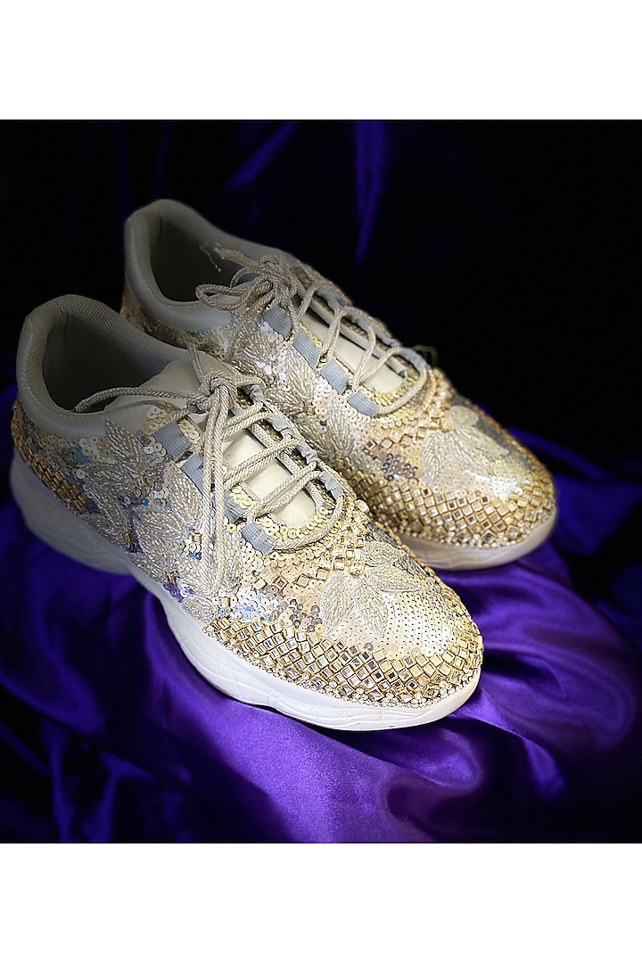 Silver Synthetic Leather Embroidered Shoes by Chal Jooti