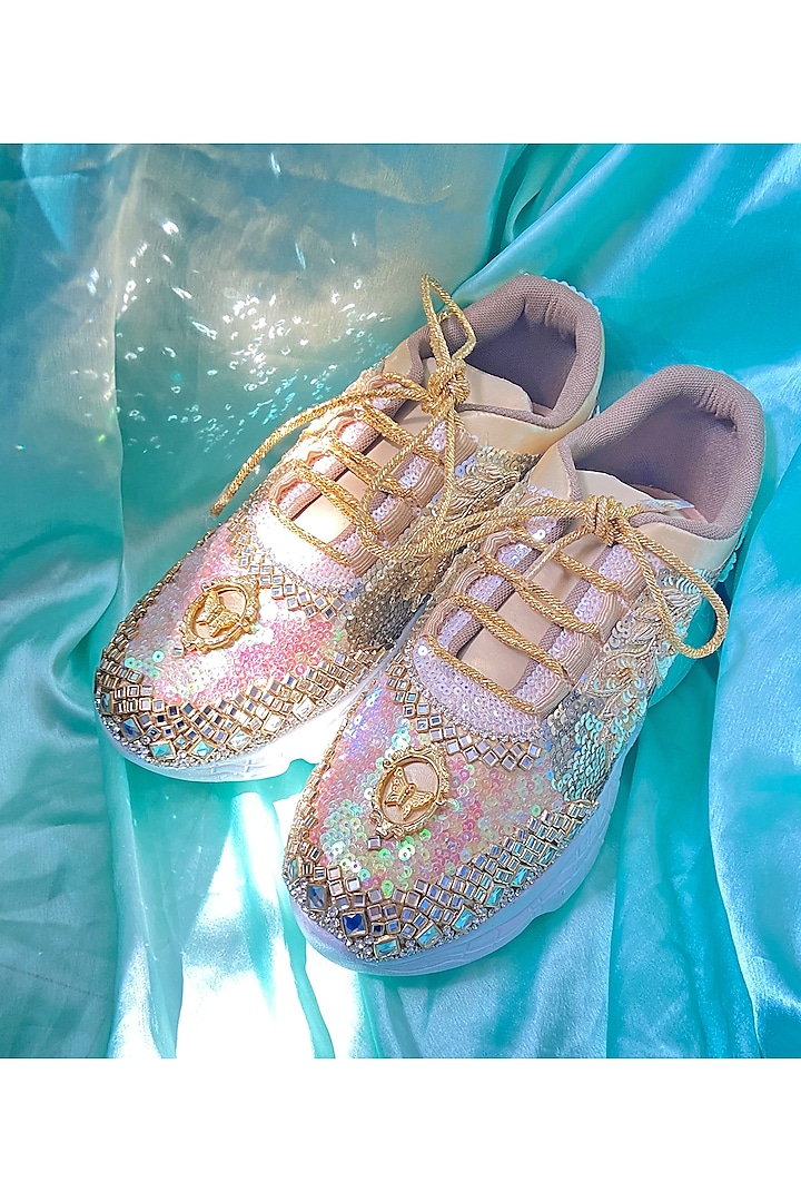 Pastel Peach & Gold Synthetic Leather Embroidered Shoes by Chal Jooti