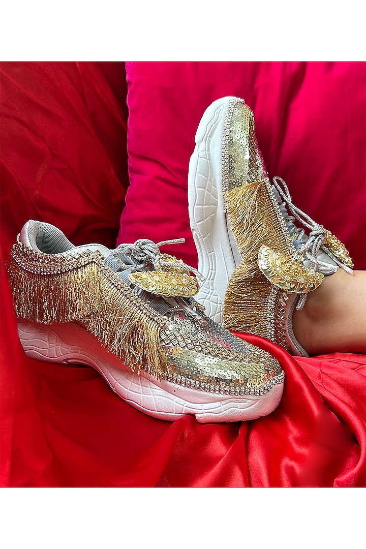 Gold Synthetic Leather Embroidered Shoes by Chal Jooti