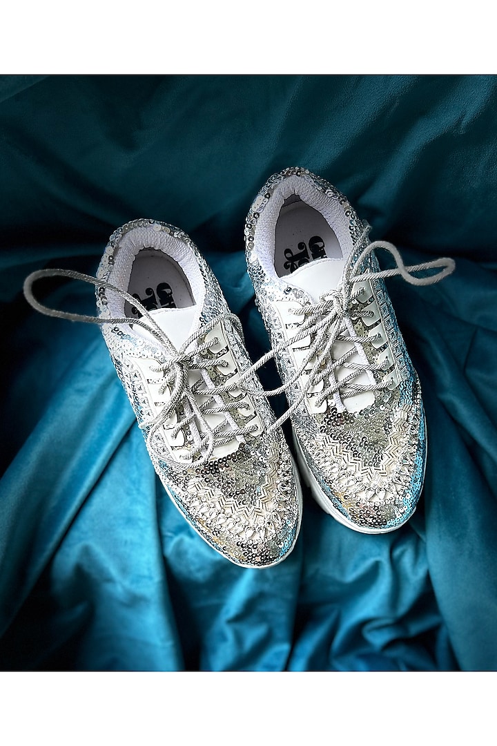Silver Synthetic Leather Embroidered Sneakers by Chal Jooti