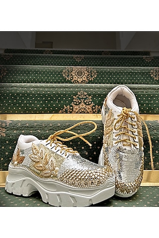 Gold Silver Synthetic Leather Embellished Sneakers by Chal Jooti