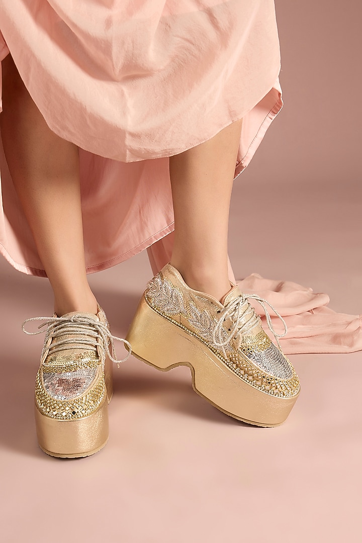 Gold Vegan Leather Sequins Stone & Mirror Work Sneakers by Chal Jooti at Pernia's Pop Up Shop