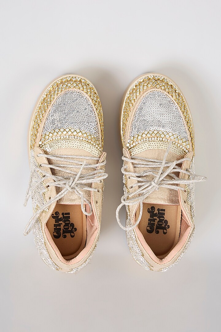 Gold Vegan Leather Sequins Stone & Mirror Work Sneakers by Chal Jooti at Pernia's Pop Up Shop