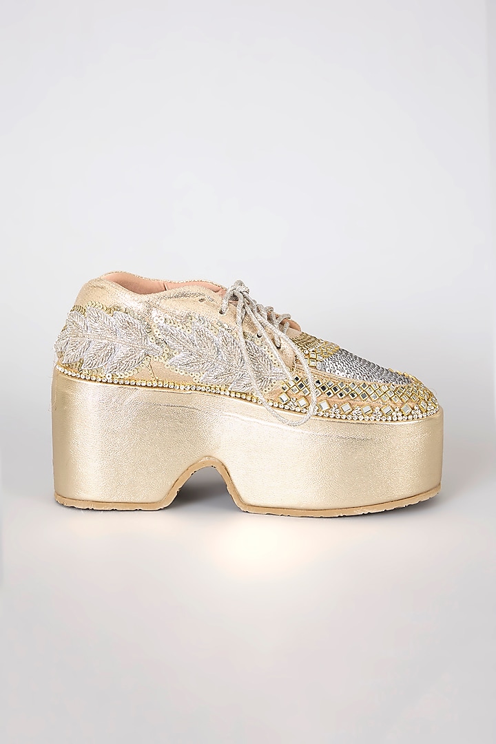 Gold Vegan Leather Sequins Stone & Mirror Work Sneakers by Chal Jooti at Pernia's Pop Up Shop