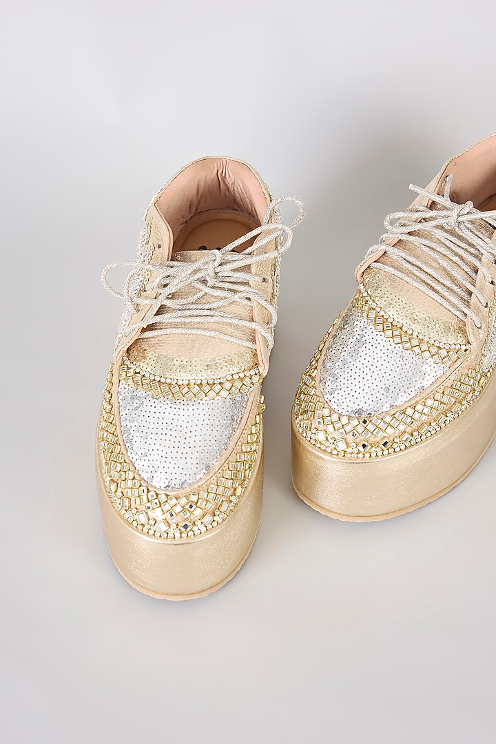 Gold Vegan Leather Sequins Stone & Mirror Work Sneakers by Chal Jooti at Pernia's Pop Up Shop