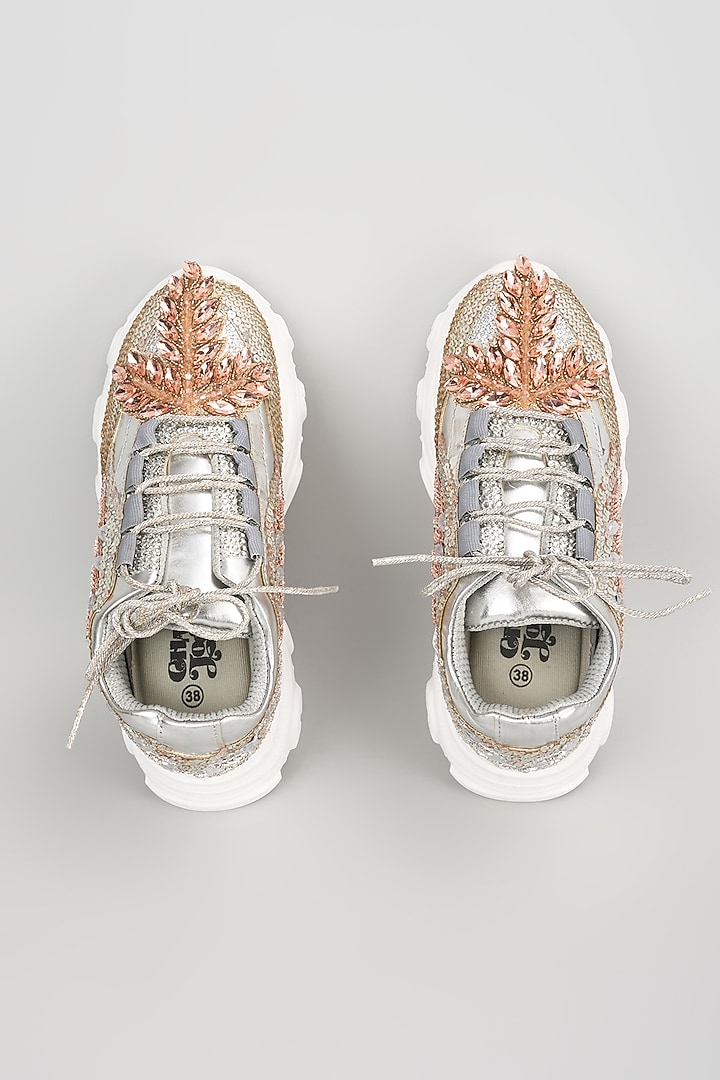 Silver Vegan Leather Sequins & Mirror Work Sneakers by Chal Jooti at Pernia's Pop Up Shop