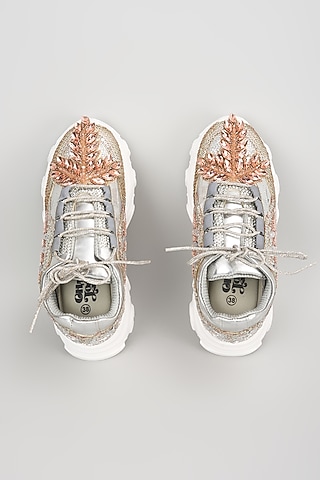 Silver Vegan Leather Sequins & Mirror Work Sneakers by Chal Jooti