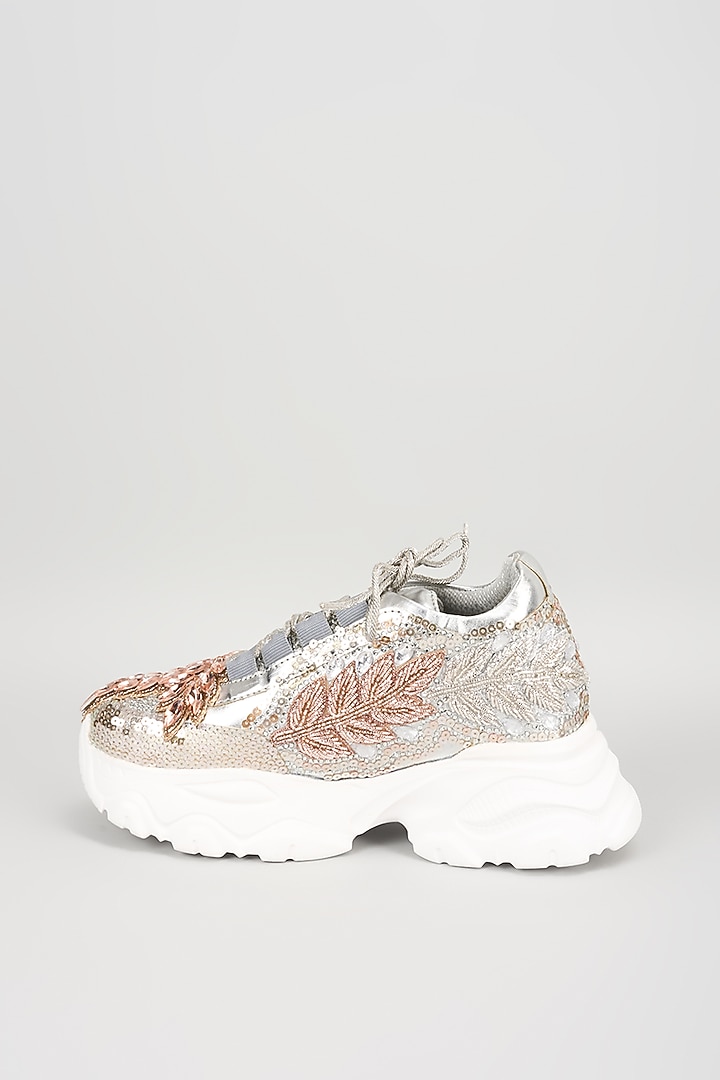 Silver Vegan Leather Sequins & Mirror Work Sneakers by Chal Jooti at Pernia's Pop Up Shop