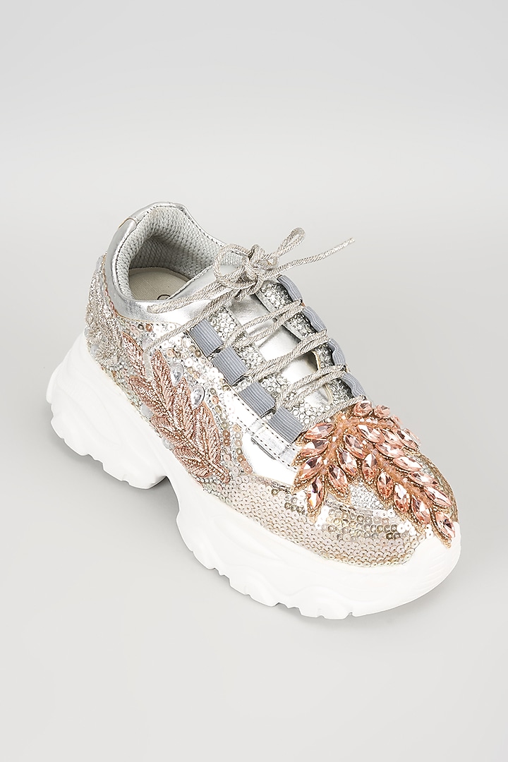 Silver Vegan Leather Sequins & Mirror Work Sneakers by Chal Jooti at Pernia's Pop Up Shop