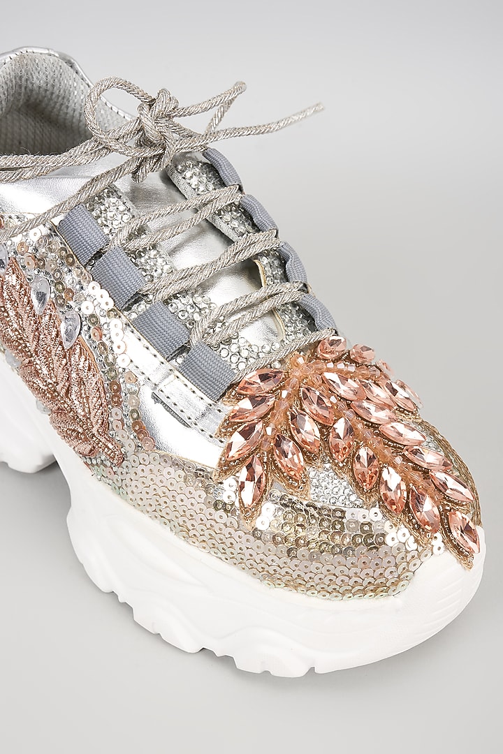 Silver Vegan Leather Sequins & Mirror Work Sneakers by Chal Jooti at Pernia's Pop Up Shop