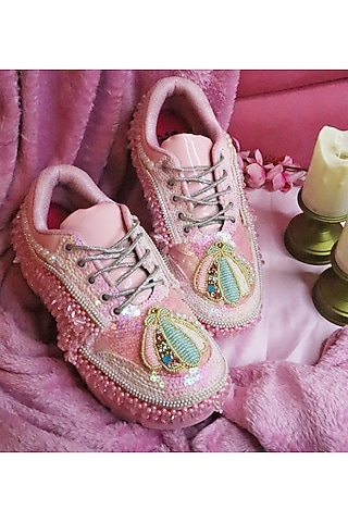 Pink Vegan Leather & Airmix Sequins Hand Embroidered Shoes by Chal Jooti