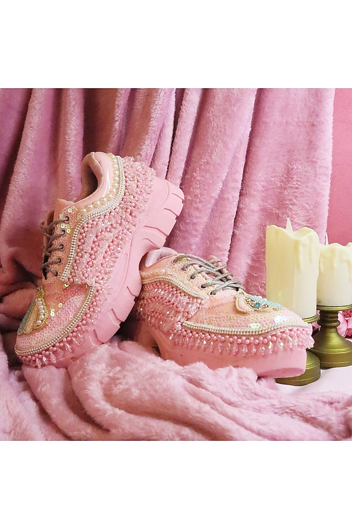 Pink Vegan Leather & Airmix Sequins Hand Embroidered Shoes by Chal Jooti at Pernia's Pop Up Shop