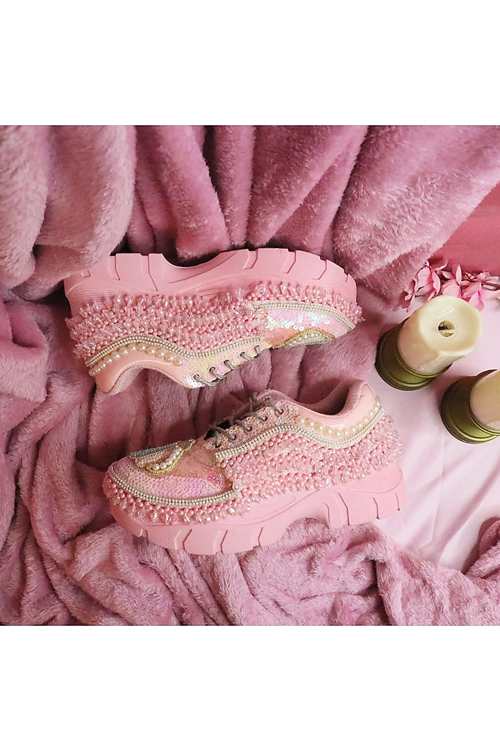 Pink Vegan Leather & Airmix Sequins Hand Embroidered Shoes by Chal Jooti at Pernia's Pop Up Shop