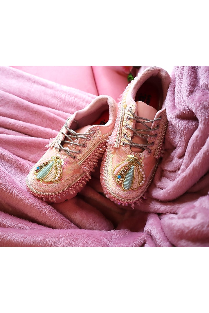 Pink Vegan Leather & Airmix Sequins Hand Embroidered Shoes by Chal Jooti at Pernia's Pop Up Shop