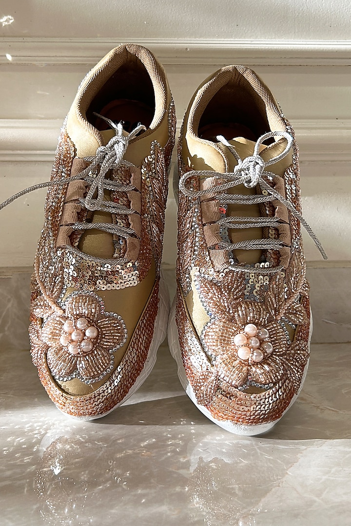 Gold Vegan Leather & Airmix Pearl Embellished Sneakers by Chal Jooti at Pernia's Pop Up Shop