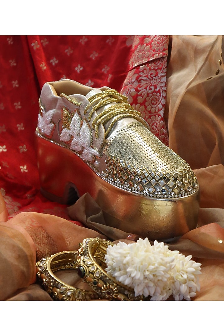 Light Gold & White Vegan Leather Shoes by Chal Jooti at Pernia's Pop Up Shop