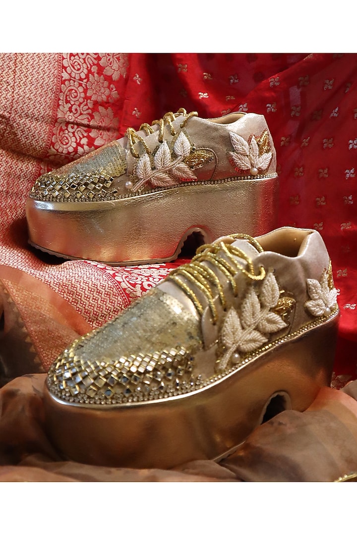 Light Gold & White Vegan Leather Shoes by Chal Jooti at Pernia's Pop Up Shop