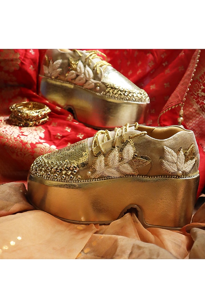 Light Gold & White Vegan Leather Shoes by Chal Jooti at Pernia's Pop Up Shop