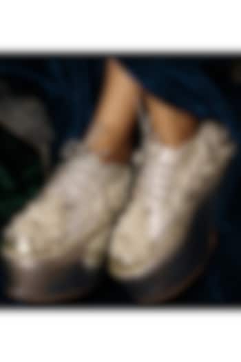 Silver Vegan Leather & Airmix Pearl Bead Embellished Sneakers by Chal Jooti at Pernia's Pop Up Shop