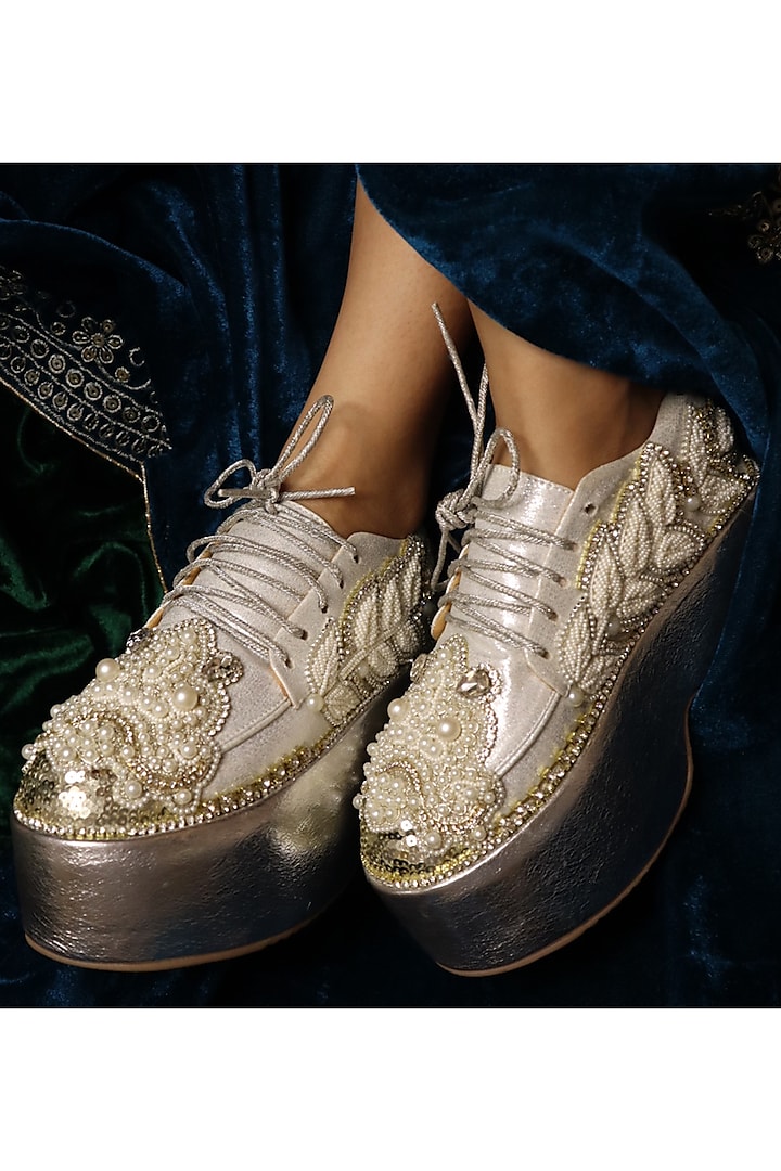 Silver Vegan Leather & Airmix Pearl Bead Embellished Sneakers by Chal Jooti at Pernia's Pop Up Shop