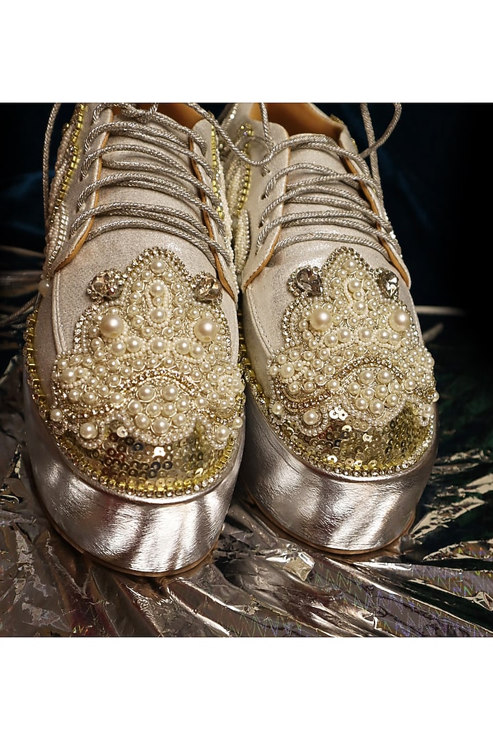 Silver Vegan Leather & Airmix Pearl Bead Embellished Sneakers by Chal Jooti at Pernia's Pop Up Shop