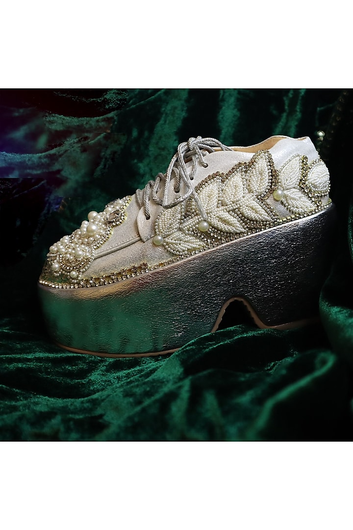Silver Vegan Leather & Airmix Pearl Bead Embellished Sneakers by Chal Jooti at Pernia's Pop Up Shop