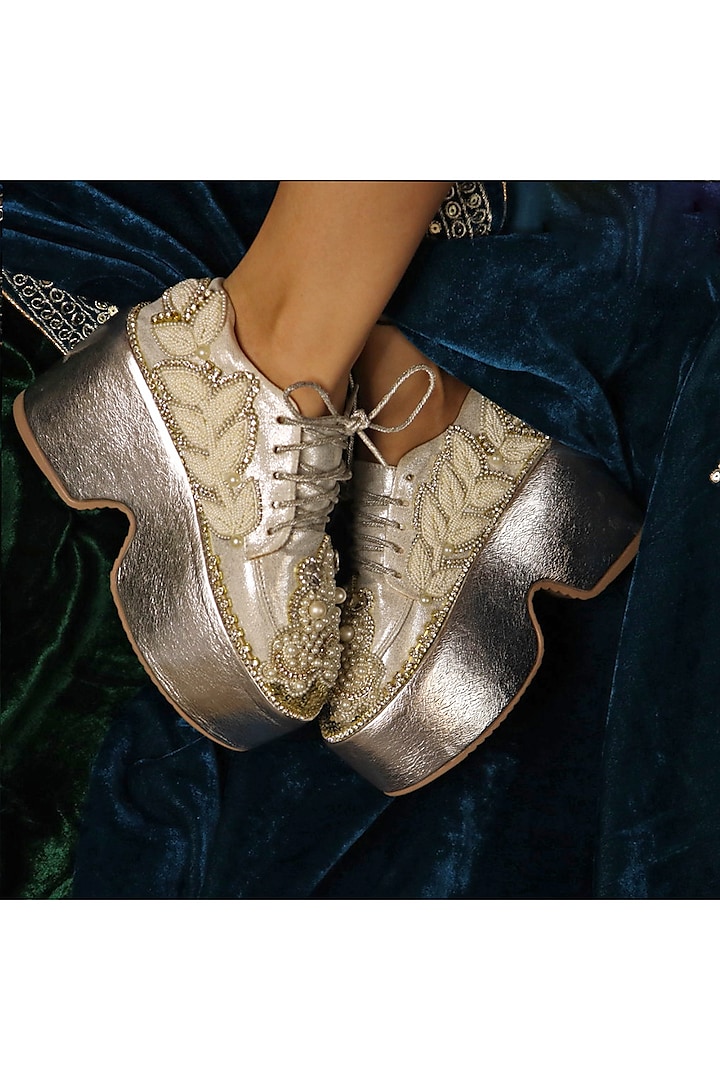 Silver Vegan Leather & Airmix Pearl Bead Embellished Sneakers by Chal Jooti at Pernia's Pop Up Shop