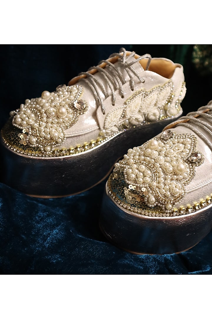 Silver Vegan Leather & Airmix Pearl Bead Embellished Sneakers by Chal Jooti at Pernia's Pop Up Shop