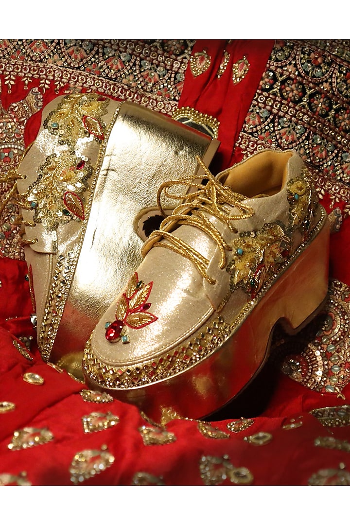 Gold Vegan Leather & Airmix Zardosi Embroidered Shoes by Chal Jooti at Pernia's Pop Up Shop