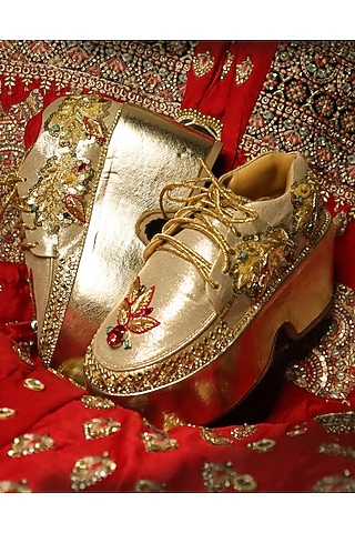 Gold Vegan Leather & Airmix Zardosi Embroidered Shoes by Chal Jooti