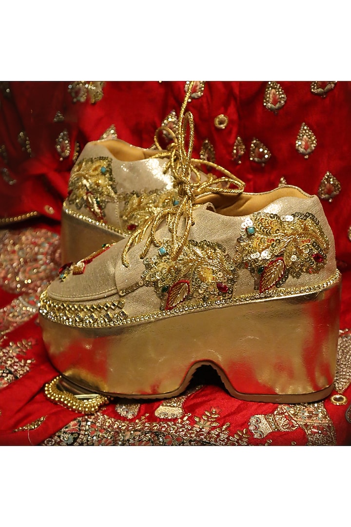 Gold Vegan Leather & Airmix Zardosi Embroidered Shoes by Chal Jooti at Pernia's Pop Up Shop